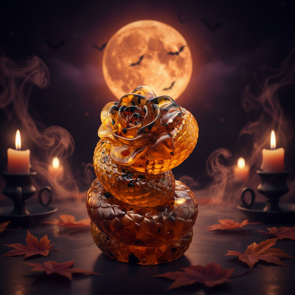Snake with rose Baltic amber figurine by KIZIMA® — handmade in USA, detail view