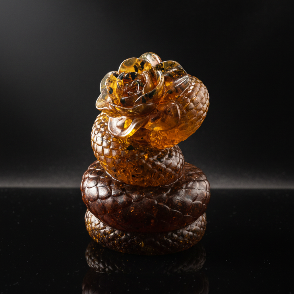 Snake with rose Baltic amber figurine by KIZIMA® — handmade in USA, additional view