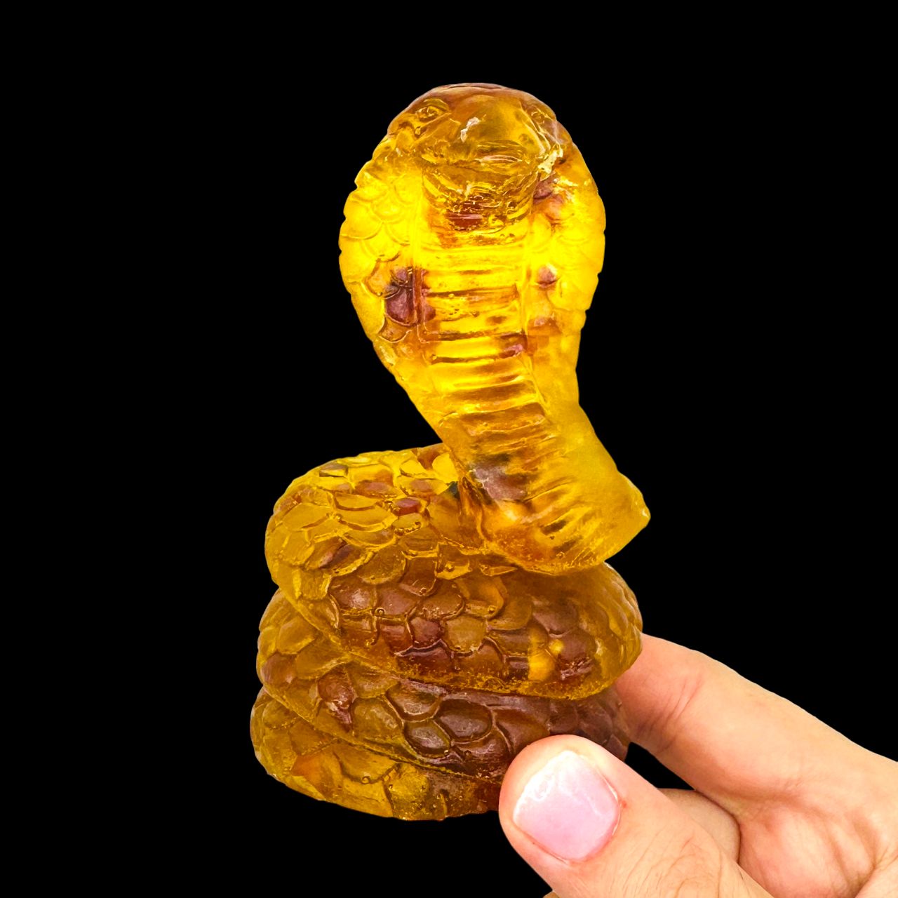 KIZIMA® standing cobra Baltic amber figurine — genuine amber decor, handmade in USA, detail view