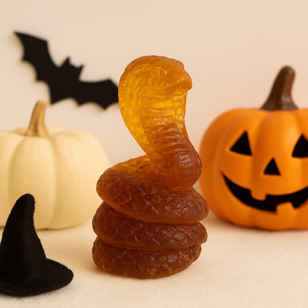 KIZIMA® amber standing cobra figurine — genuine Baltic amber decor, handmade in USA, angled view