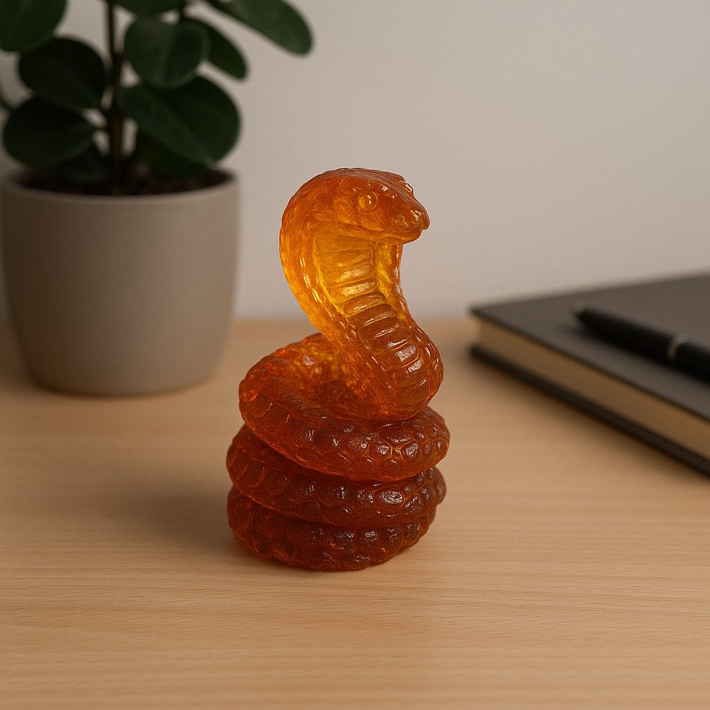 Baltic amber standing cobra statue by KIZIMA® — genuine amber gift, made in USA, close-up