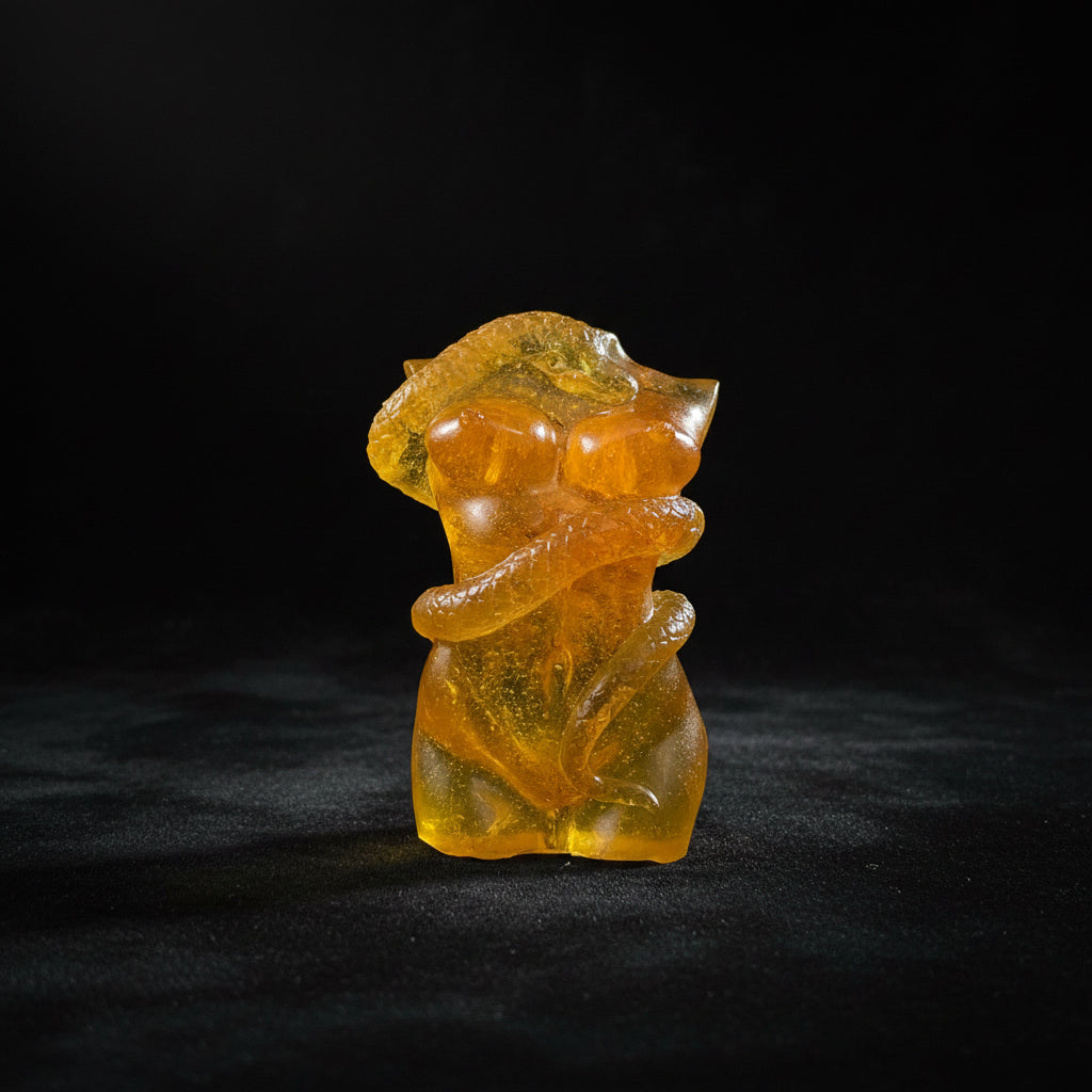 Handmade Baltic amber woman and snake by KIZIMA® USA — natural amber decor, side view