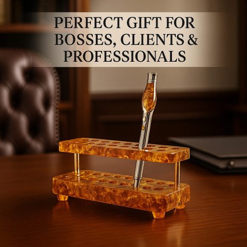 Executive Amber Pen Holder – Handmade Luxury Desk Organizer | 2 Tiers, 9 Slots | Premium Gift for Men & Women