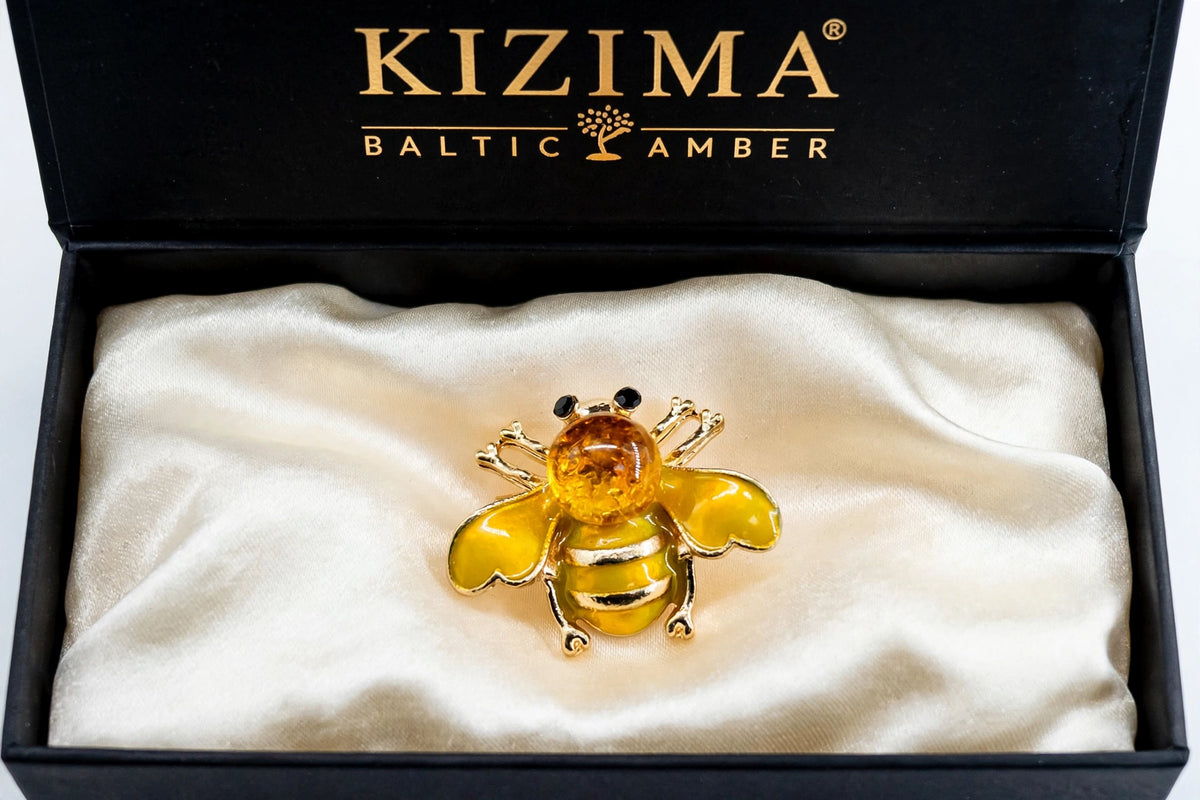Handmade Baltic amber bee brooch in black KIZIMA gift box — Made in USA