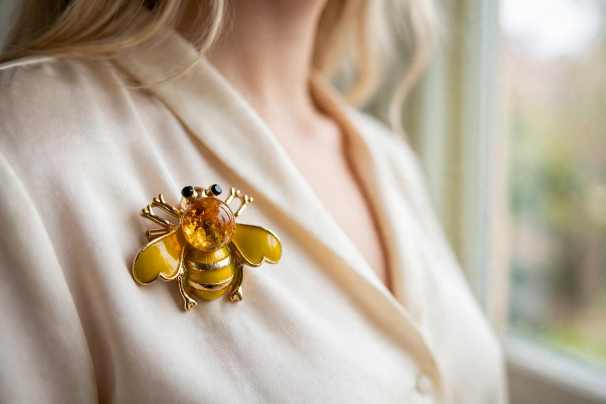 Handmade Baltic amber bee brooch worn on a model — KIZIMA, Made in USA