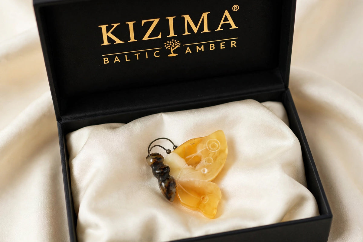 Handmade Baltic amber butterfly brooch in black KIZIMA gift box — Made in USA