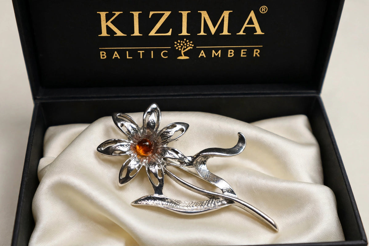 Handmade Baltic amber daisy brooch in black KIZIMA gift box — Made in USA