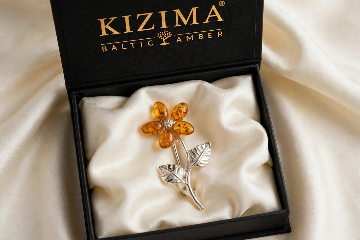 Handmade Baltic amber flower brooch in black KIZIMA gift box — Made in USA