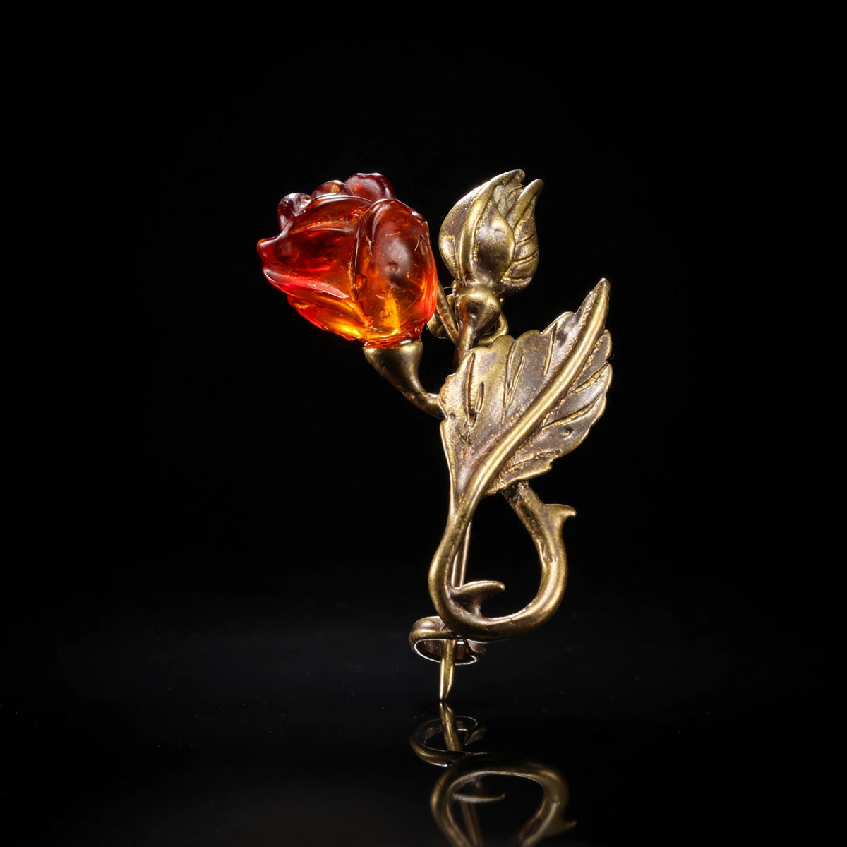Handmade Baltic amber flower & bud brooch, luxury studio photo on black background — KIZIMA, Made in USA