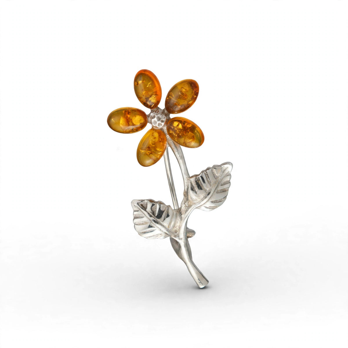 Handmade Baltic amber flower brooch on white background — KIZIMA, Made in USA