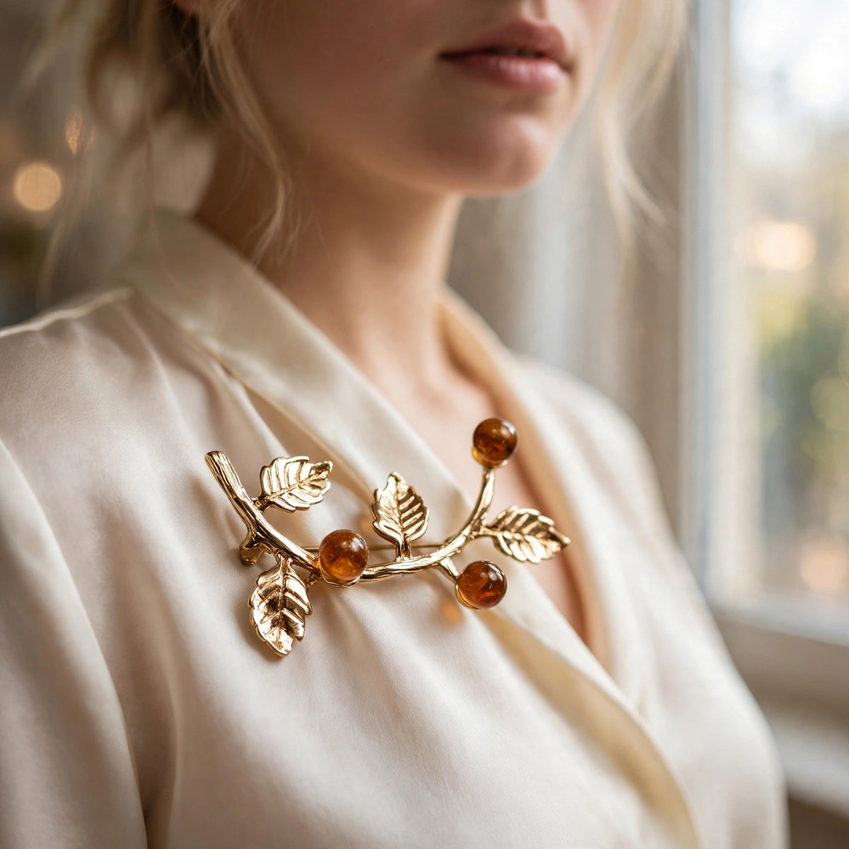 Handmade Baltic amber honey brooch worn on a model — KIZIMA, Made in USA