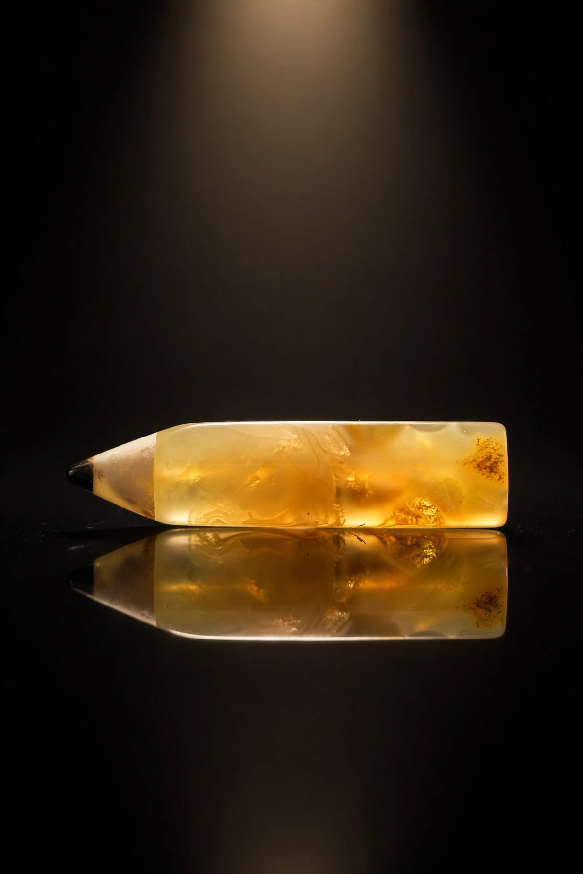 Handmade Baltic amber pencil brooch, luxury studio photo on black background — KIZIMA, Made in USA
