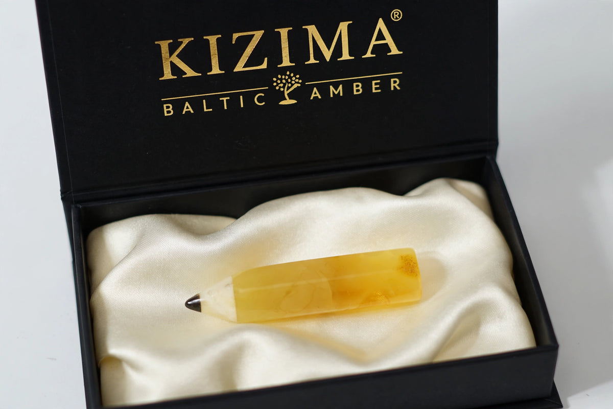 Handmade Baltic amber pencil brooch in black KIZIMA gift box — Made in USA