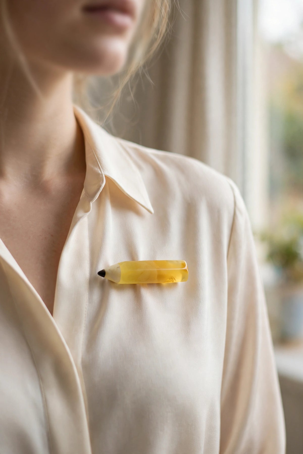 Handmade Baltic amber pencil brooch worn on a model — KIZIMA, Made in USA