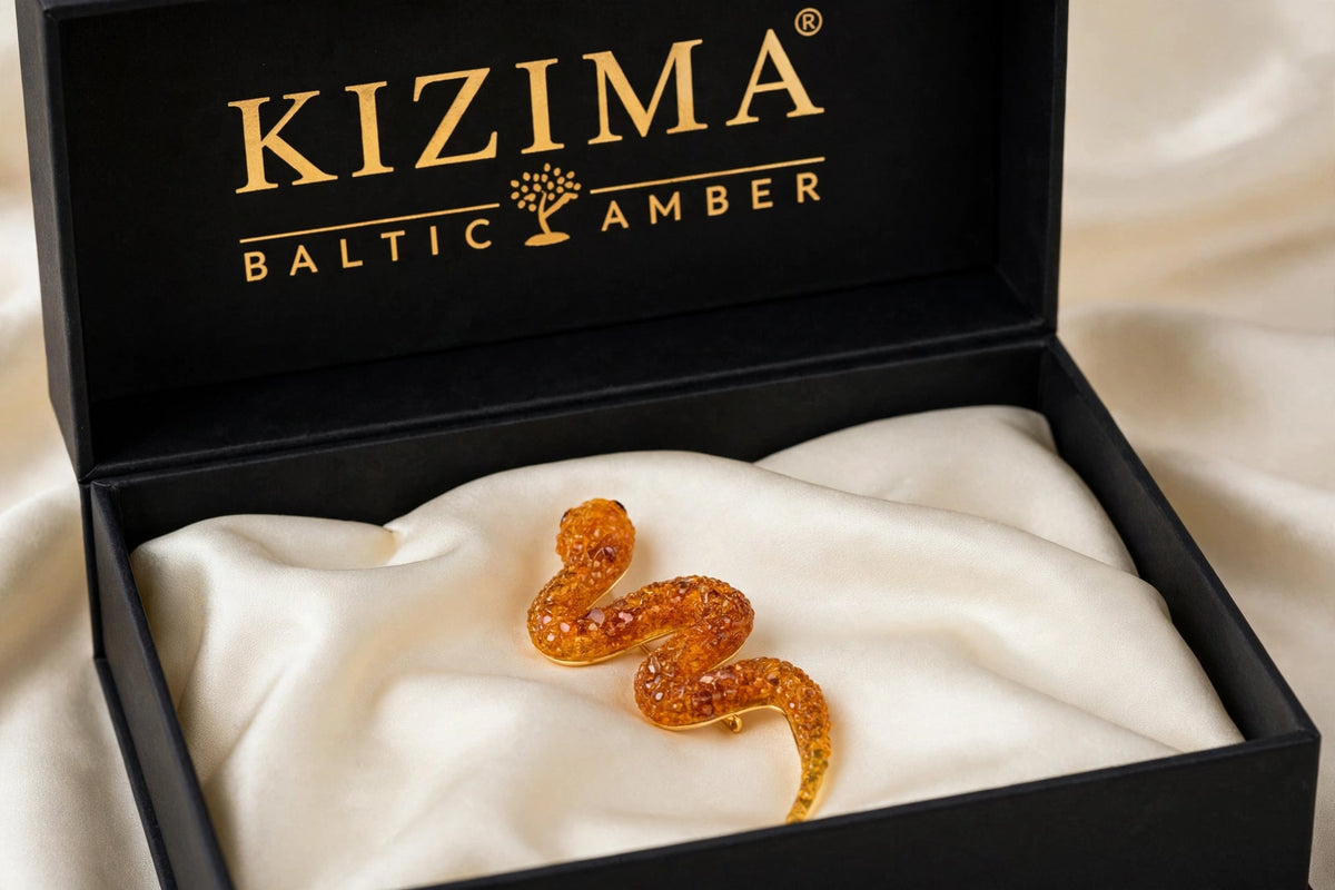Handmade Baltic amber snake brooch in black KIZIMA gift box — Made in USA