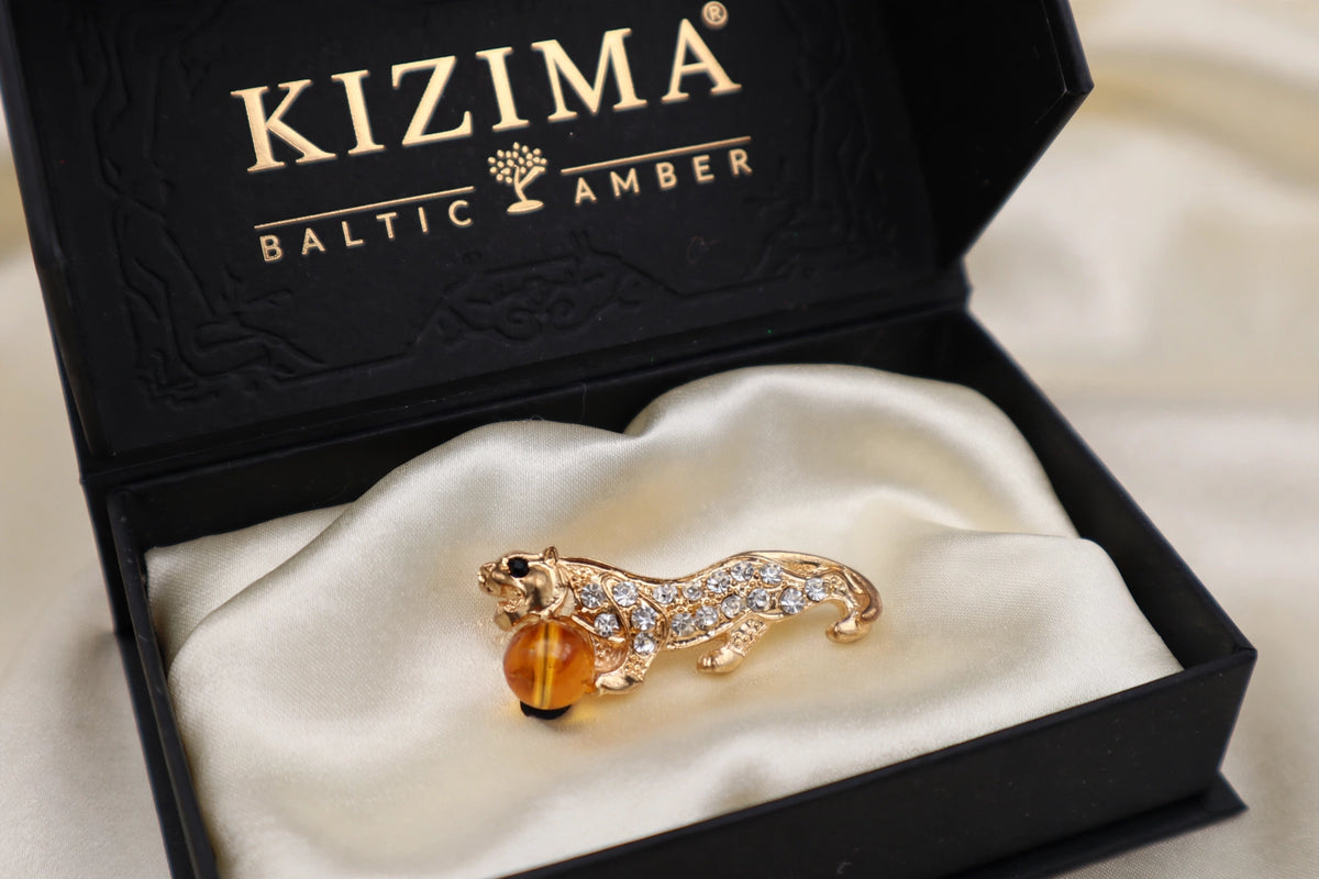 Handmade Baltic amber tiger brooch in black KIZIMA gift box — Made in USA