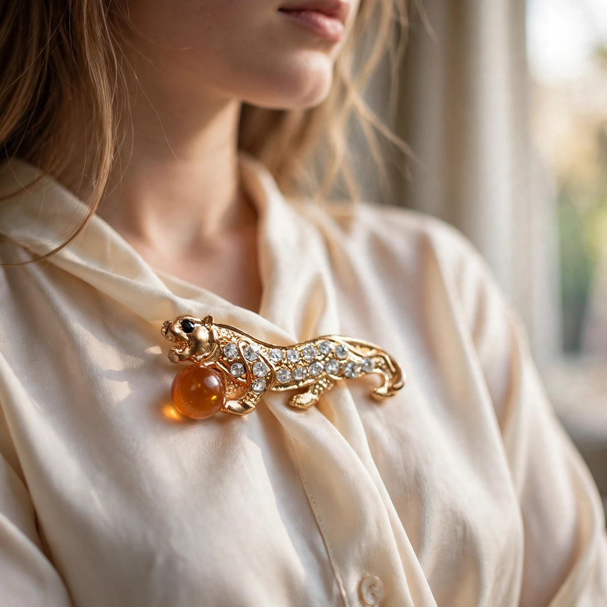 Handmade Baltic amber tiger brooch worn on a model — KIZIMA, Made in USA