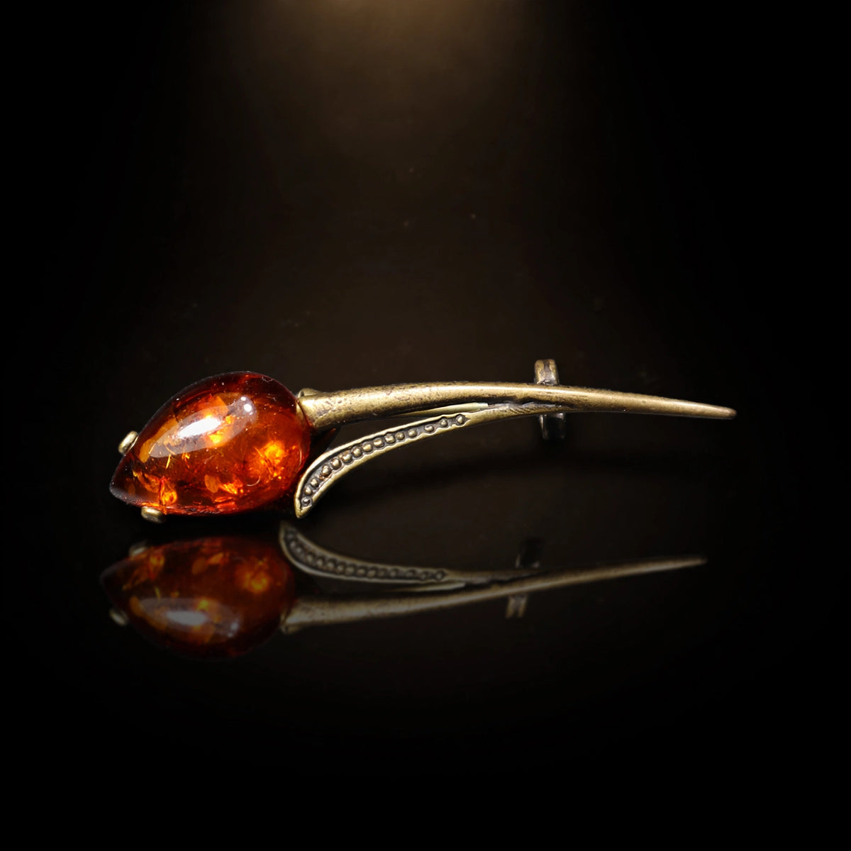 Handmade Baltic amber tulip brooch, luxury studio photo on black background — KIZIMA, Made in USA
