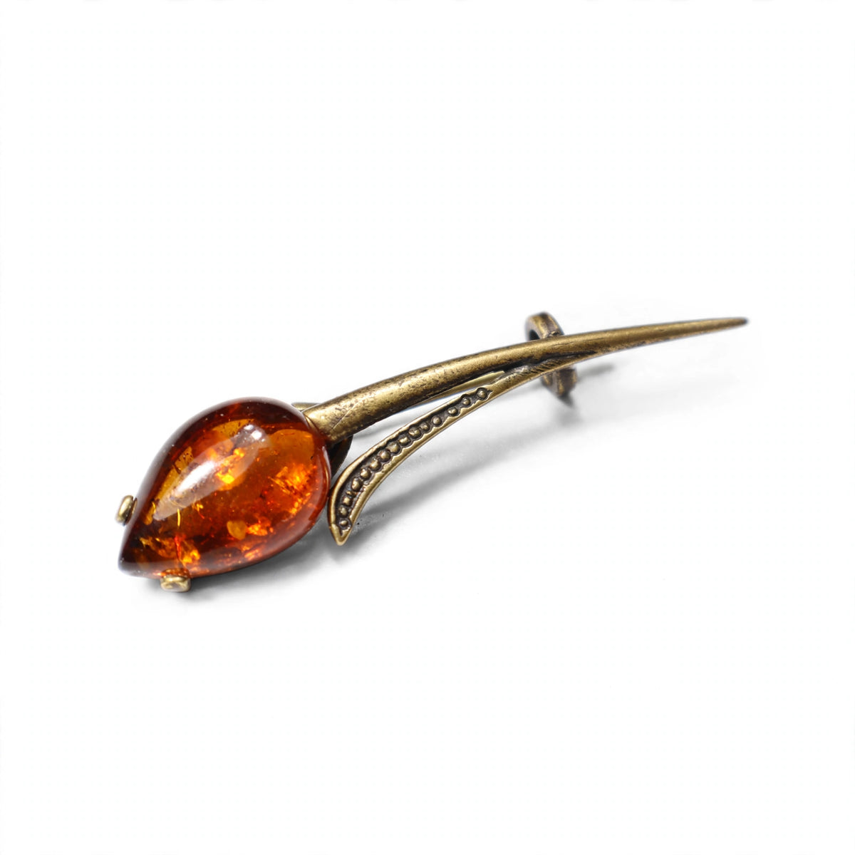 Handmade Baltic amber tulip brooch on white background — KIZIMA, Made in USA