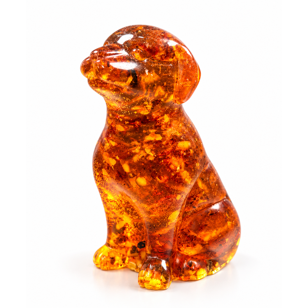 Made in USA natural Baltic amber collectible dog figurine on white background — sitting dog in translucent honey-cognac amber with natural inclusions, KIZIMA® Brooklyn NY