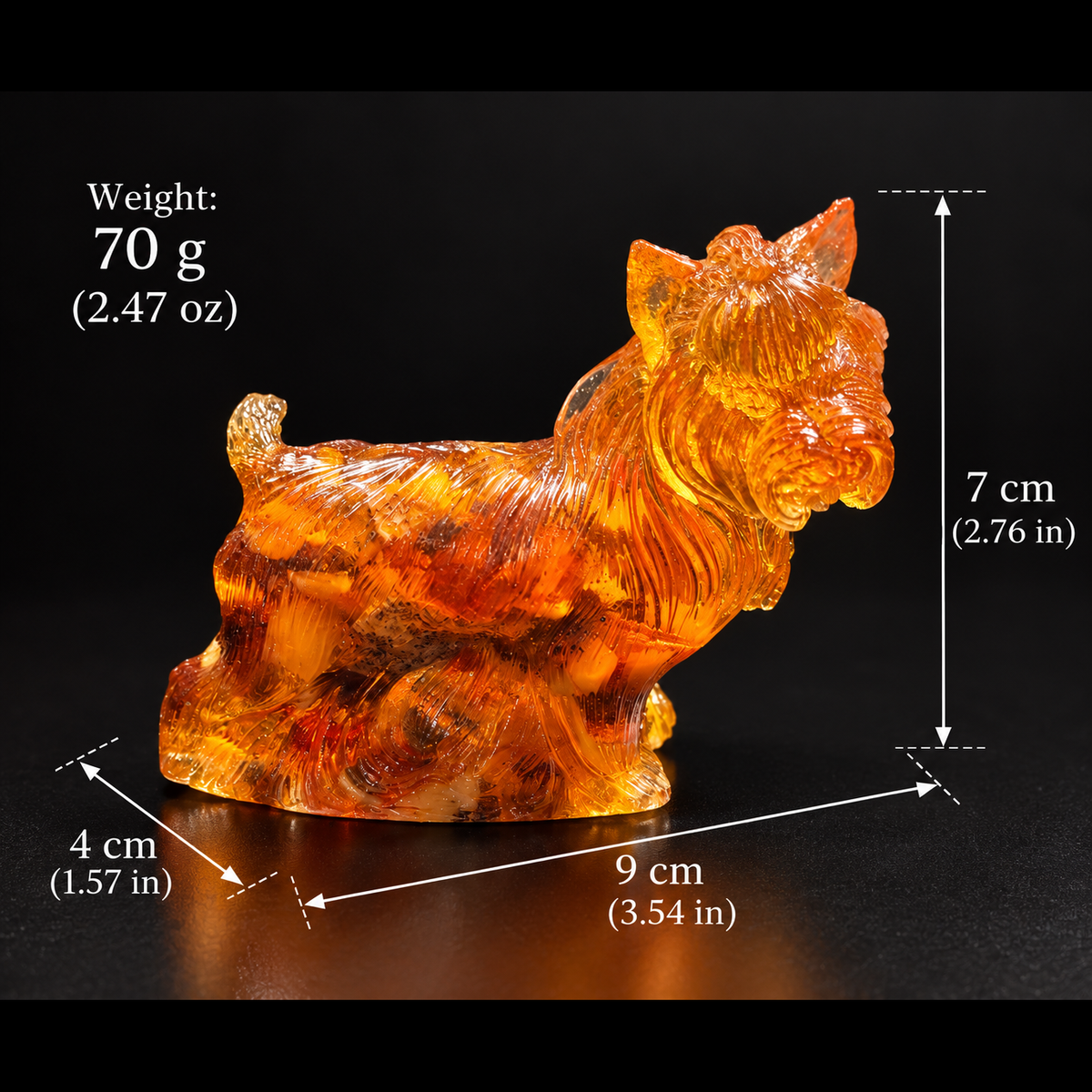 Made in USA natural Baltic amber Scottish Terrier figurine size chart — 7 cm (2.76 in) tall, 9 cm (3.54 in) long, 4 cm (1.57 in) wide, 70 g (2.47 oz) — KIZIMA® Brooklyn NY
