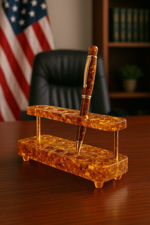 Executive Amber Pen Holder – Handmade Luxury Desk Organizer | 2 Tiers, 9 Slots | Premium Gift for Men & Women