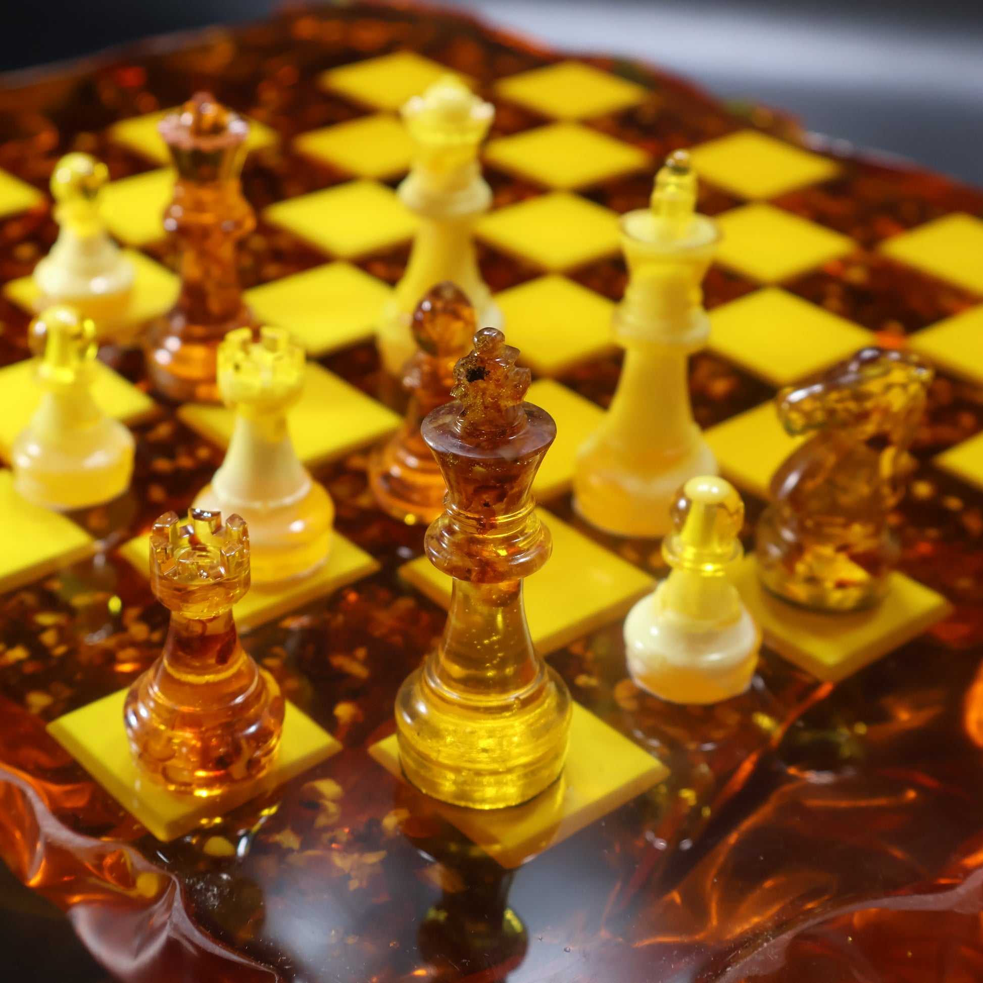 Landscape amber chess pieces with cloud-like natural swirls, Baltic amber chess set USA