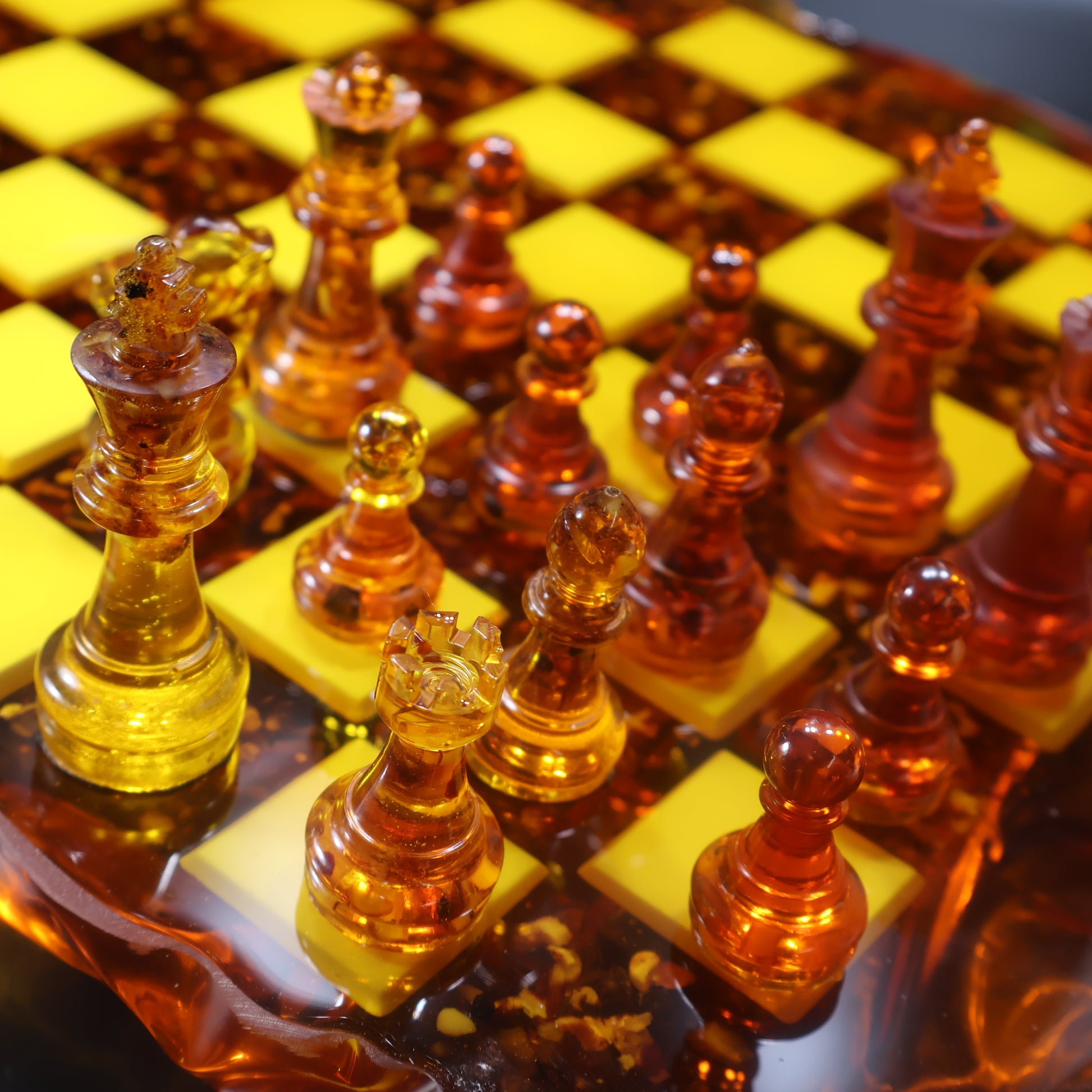 Translucent amber chess pieces with real amber flecks, collector chess set by KIZIMA USA