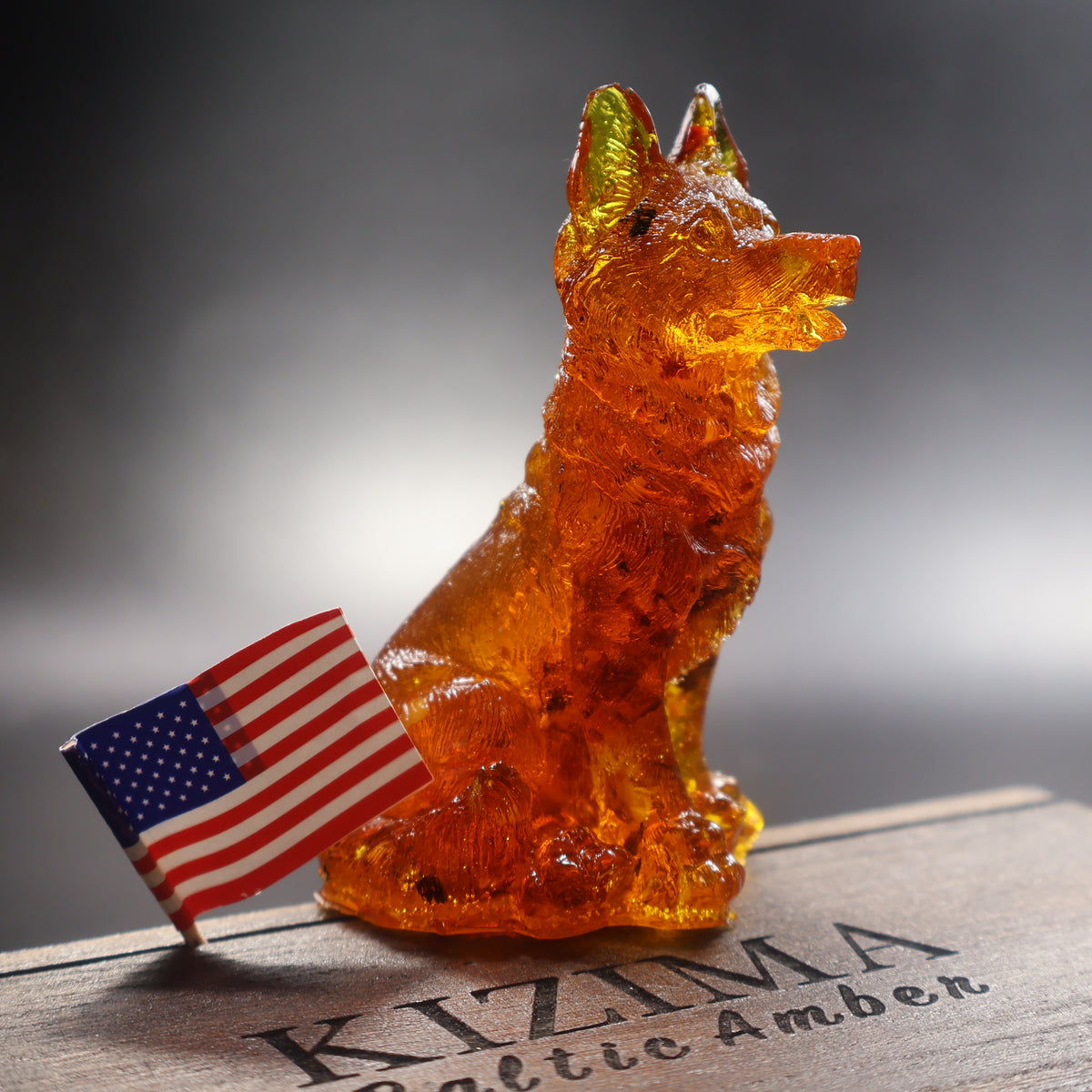Natural Baltic amber German Shepherd dog figurine with American flag, Made in USA by KIZIMA