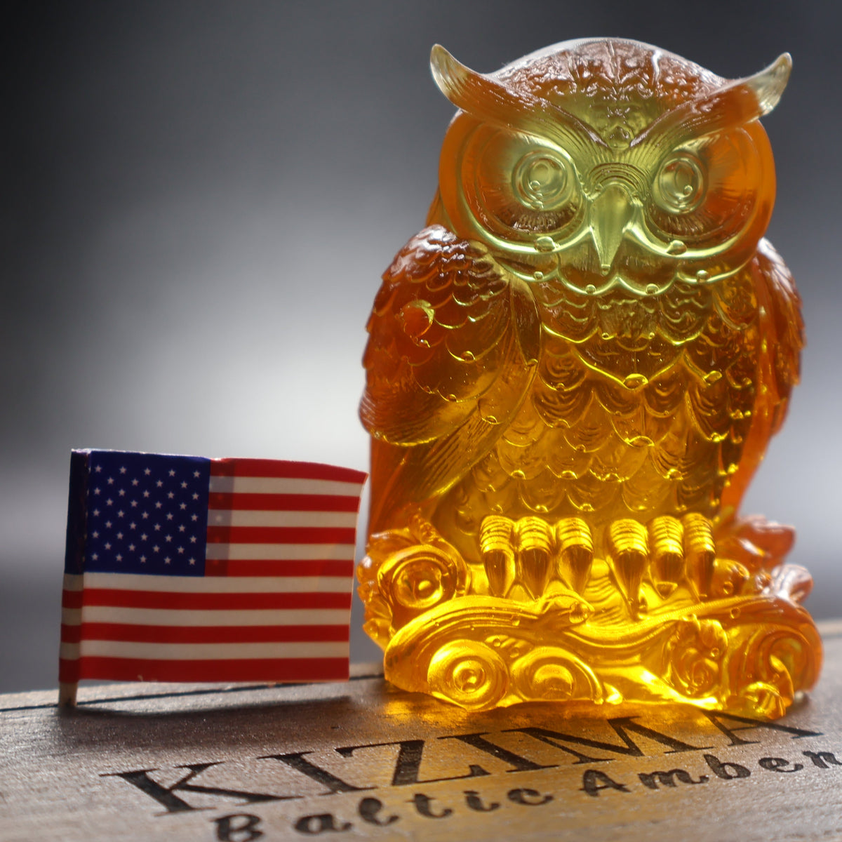Baltic amber owl figurine with American flag, Made in USA gift by KIZIMA amber manufactory