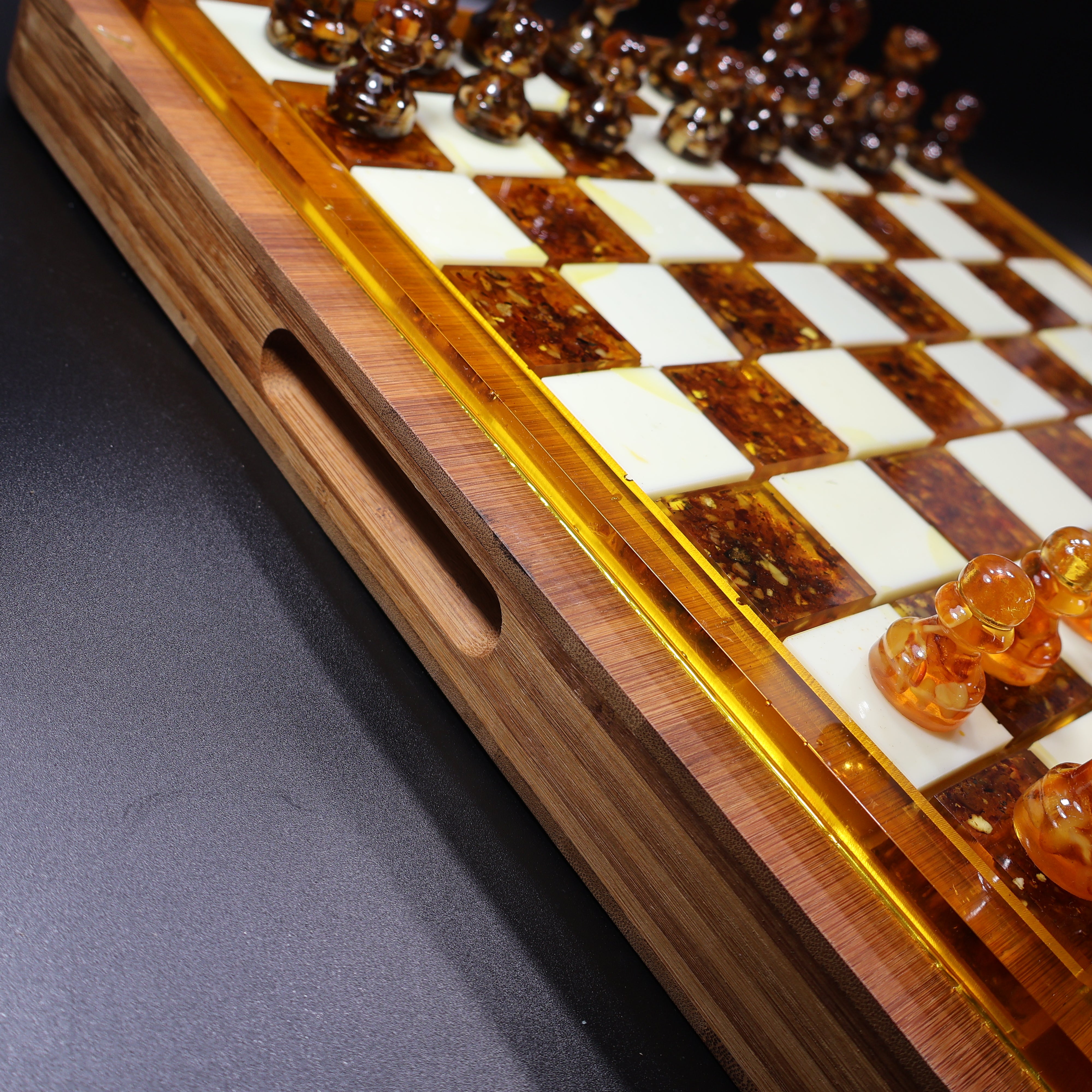 Natural Baltic amber chess pieces detail, collector chess set KIZIMA