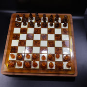 Natural Baltic amber chess set on wood inlaid board, KIZIMA made in USA