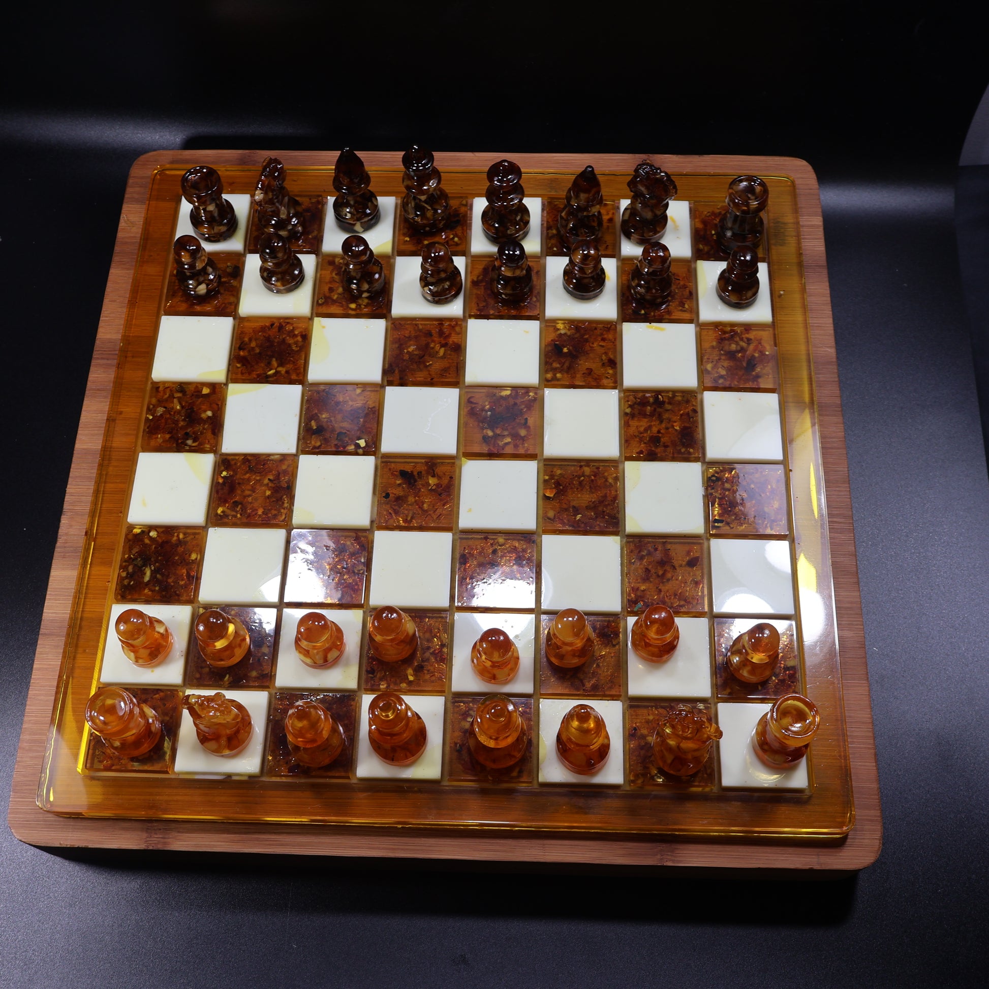 Natural Baltic amber chess set on wood inlaid board, KIZIMA made in USA