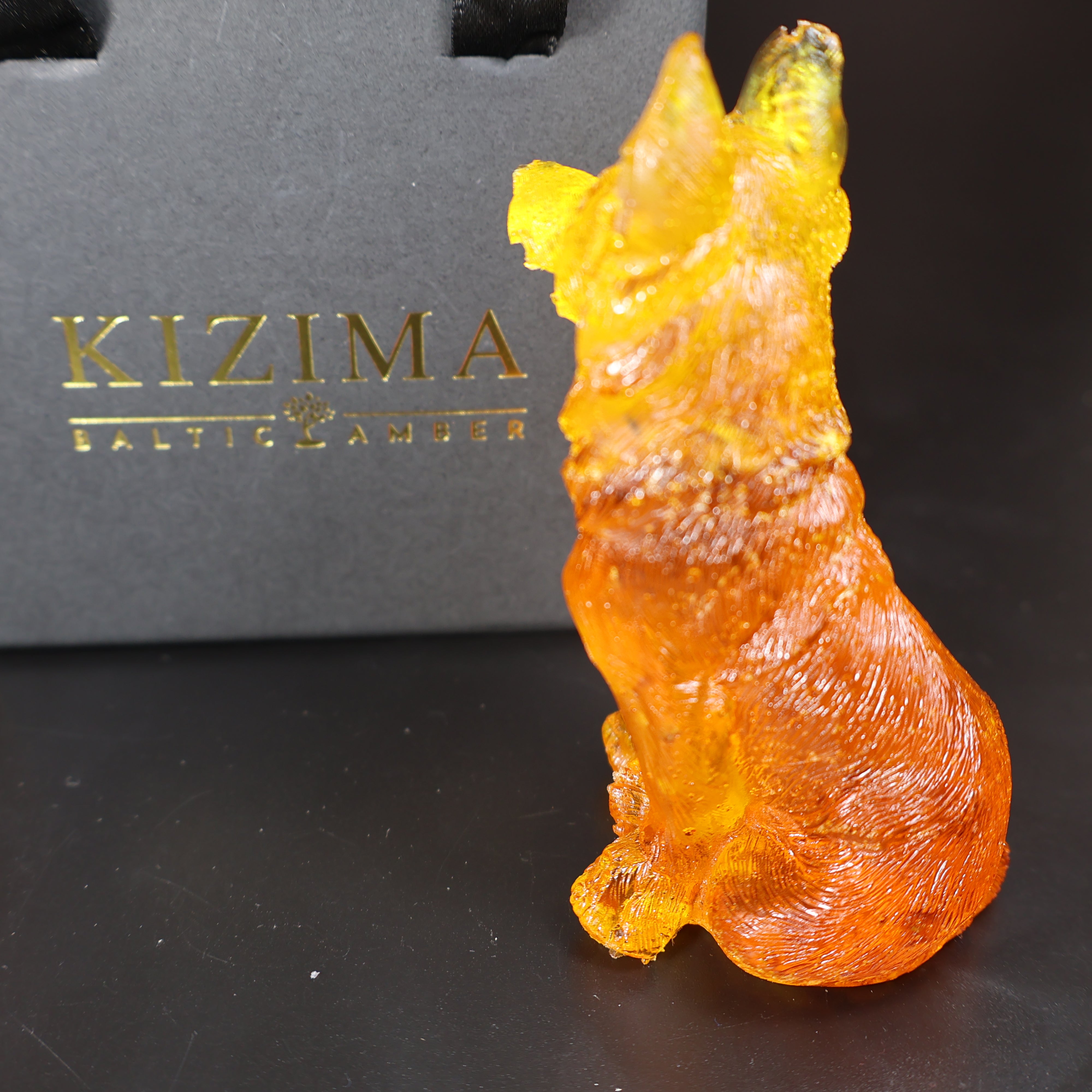 Baltic amber wolf figurine back view handmade luxury amber gift