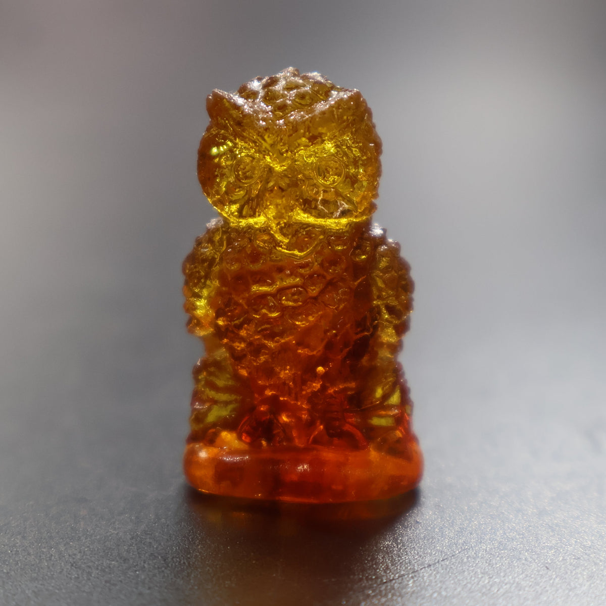 Miniature Baltic amber owl figurine glowing golden, small gift handmade in Brooklyn New York