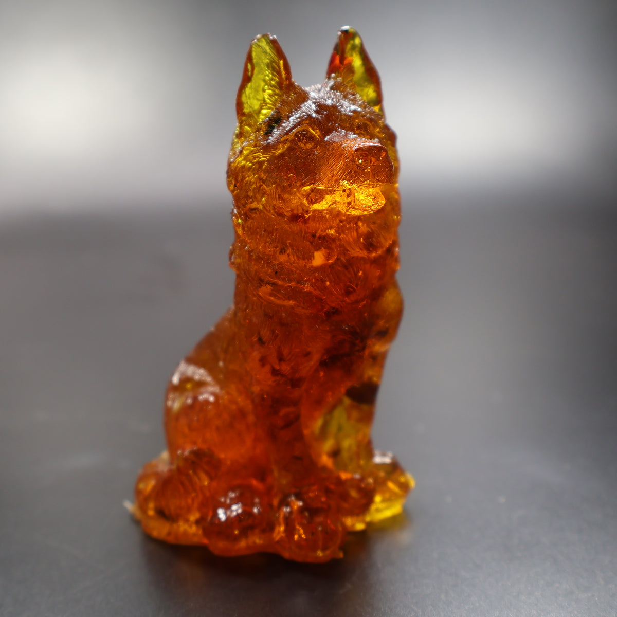 Handmade Baltic amber German Shepherd figurine back view, amber collectible USA