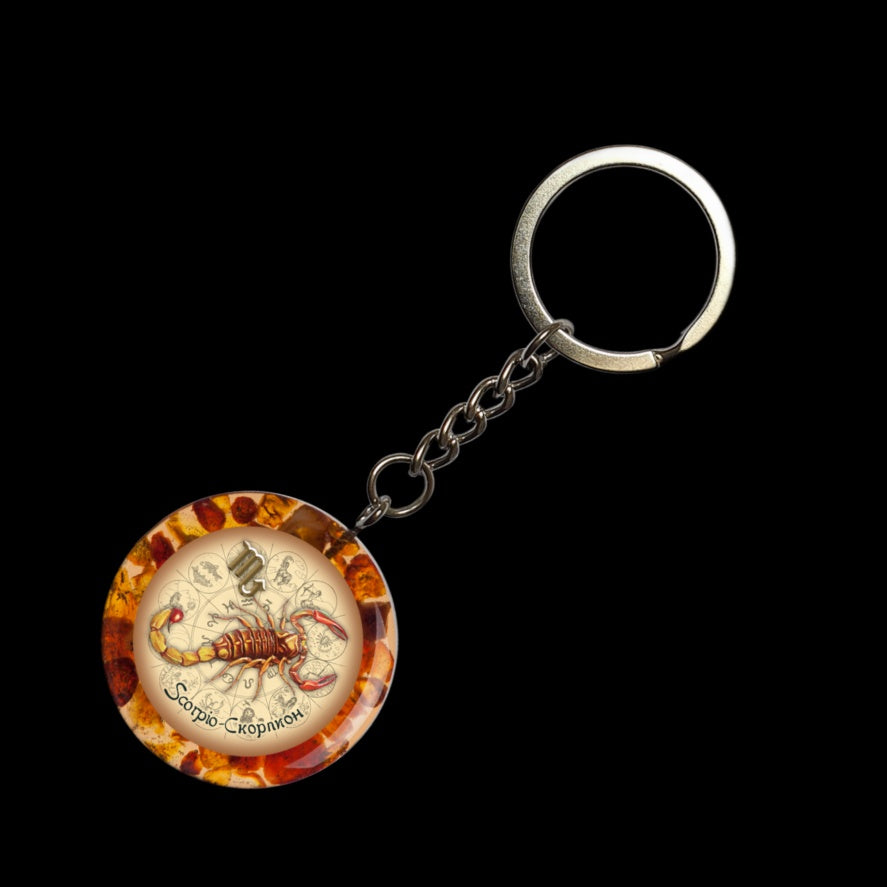 Natural Baltic Amber Scorpio zodiac keychain with golden chain closeup Made in USA KIZIMA