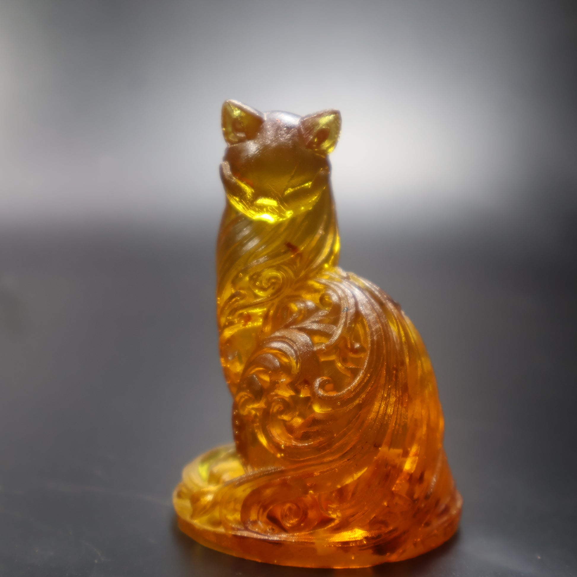 Amber elegant cat figurine glowing honey gold, cat lover collectible Made in USA