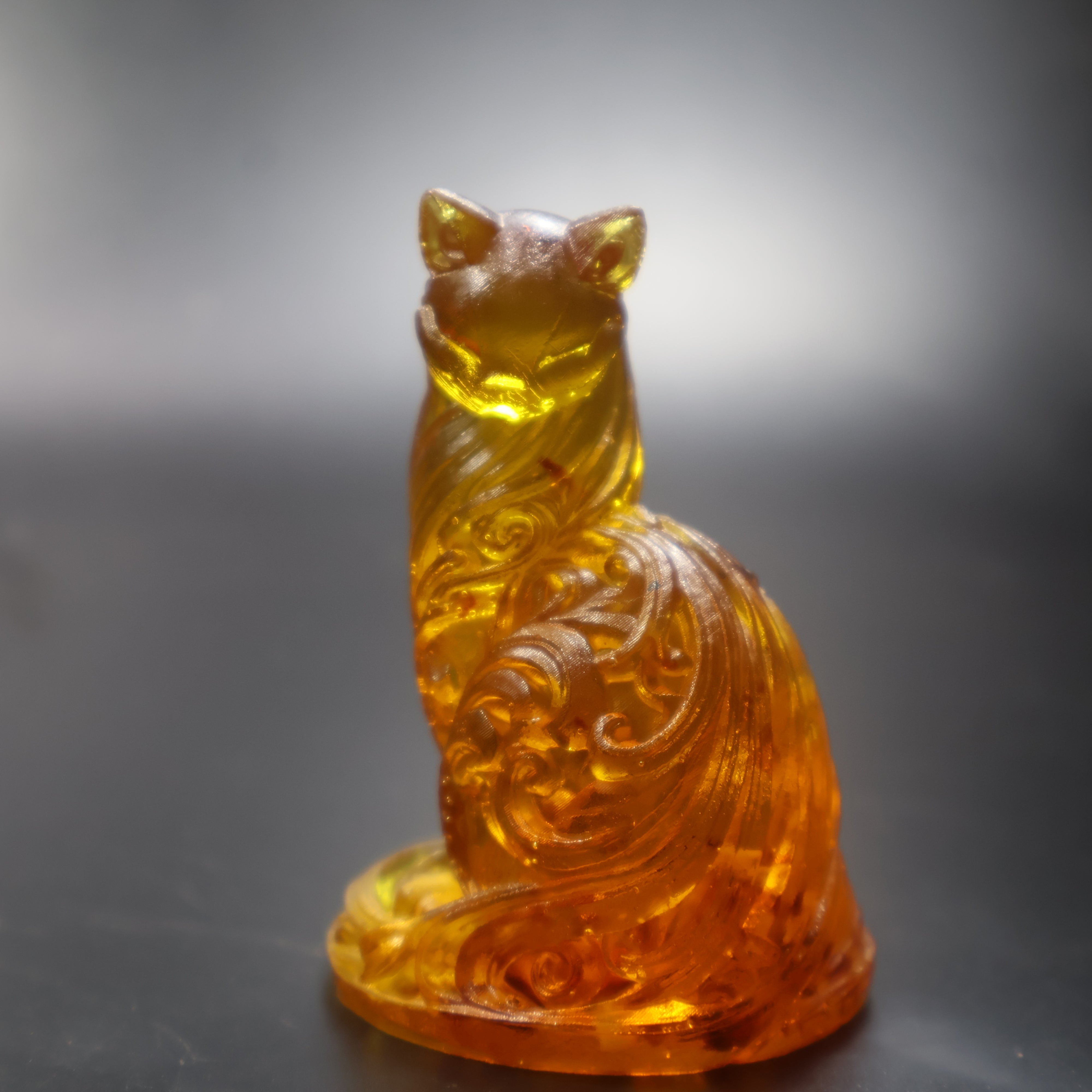 Amber elegant cat figurine glowing honey gold, cat lover collectible Made in USA