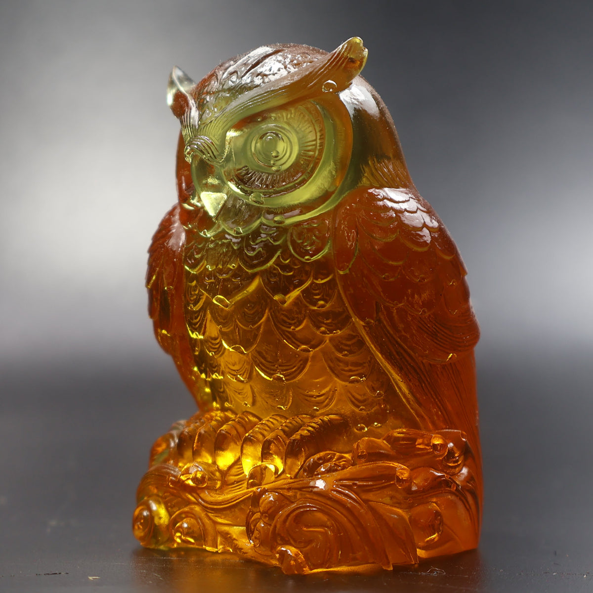 Amber owl figurine with ear tufts detail, unique home decor handmade in USA