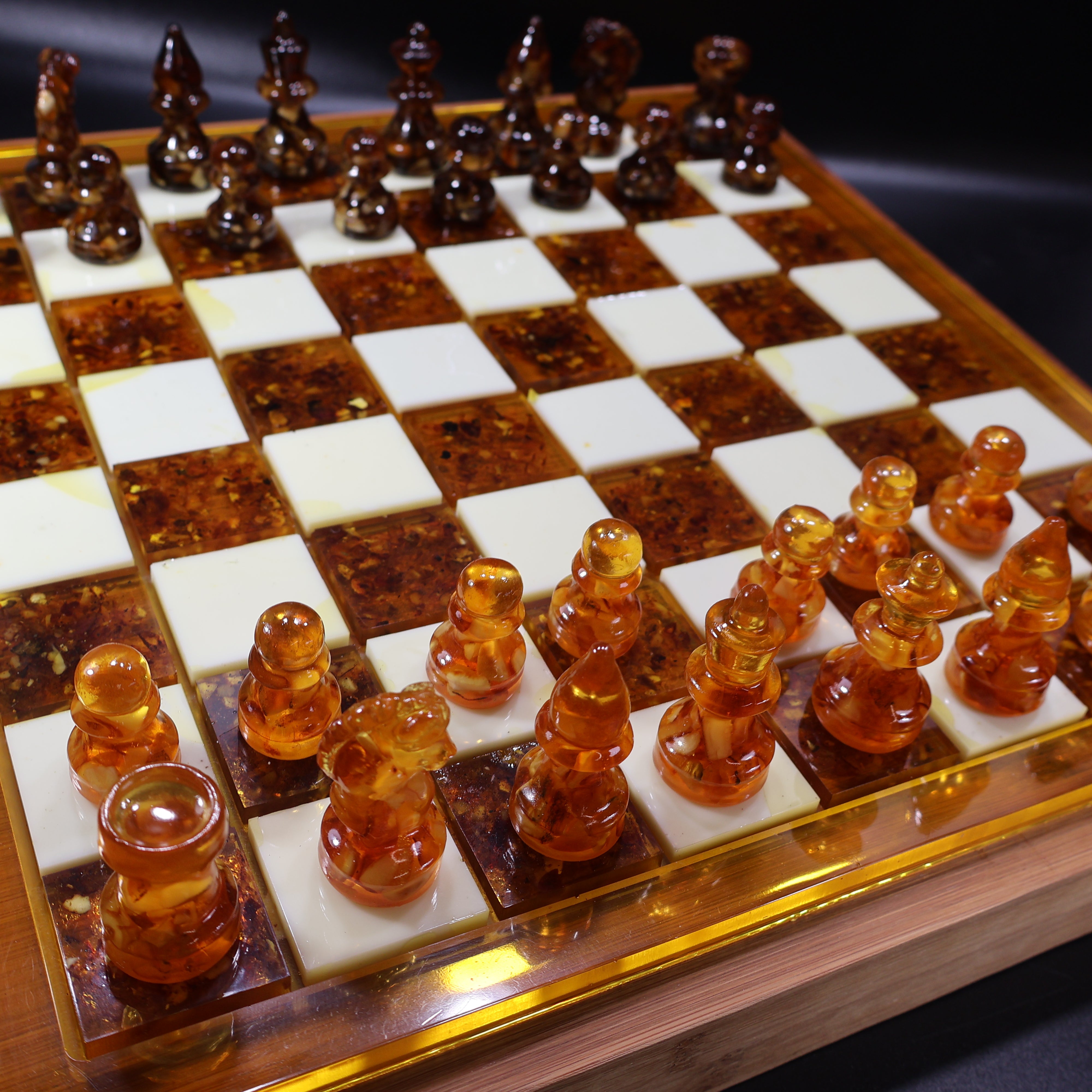 Amber chess set with wood board, executive gift made in USA
