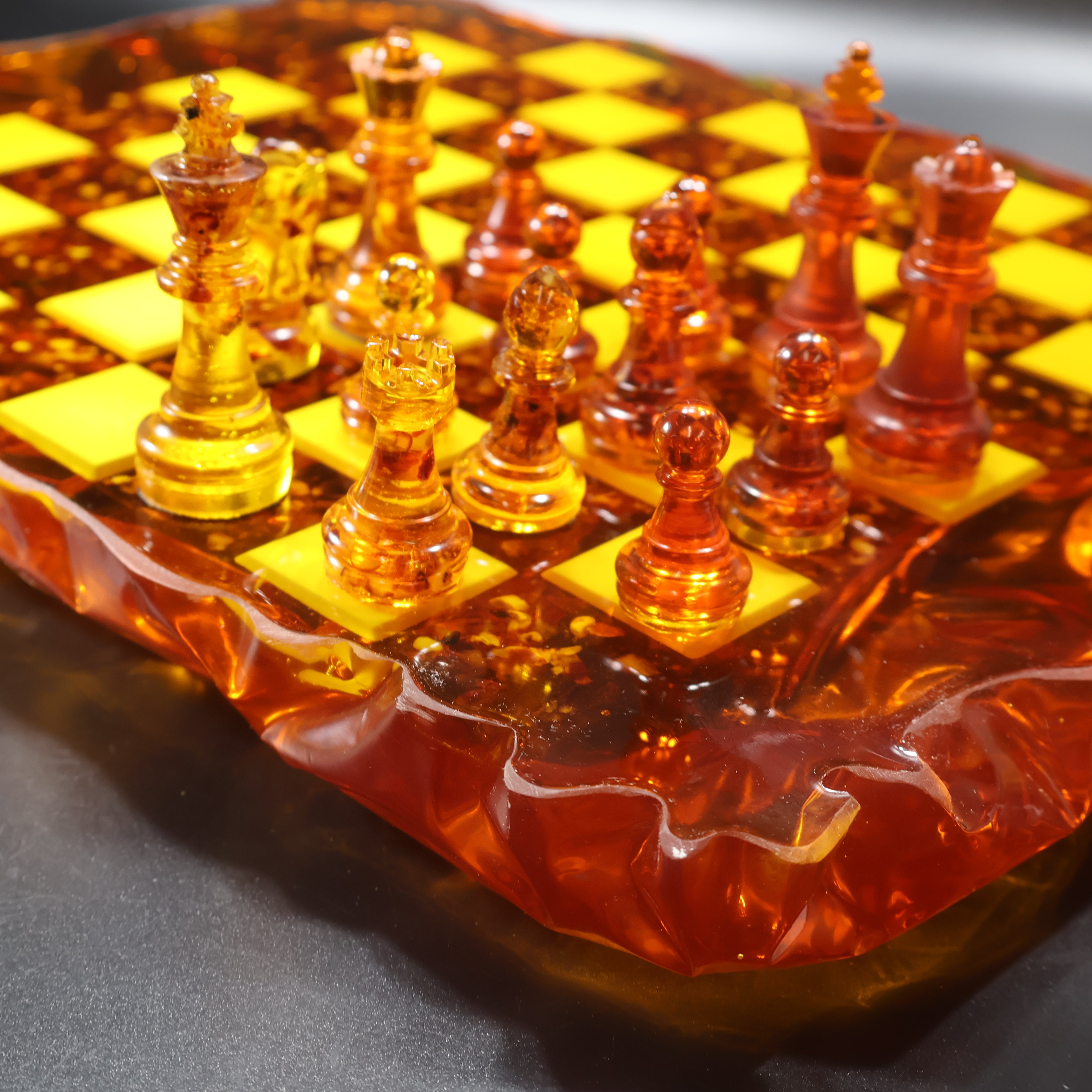 Baltic amber chess set on display, luxury executive gift for chess lovers, made in USA