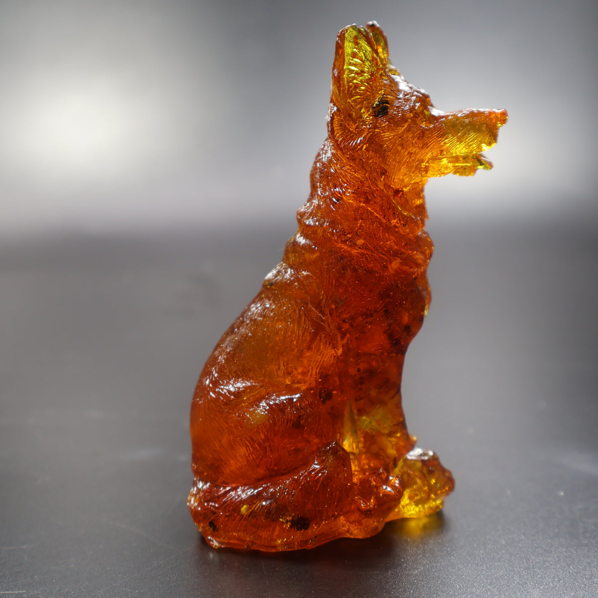 Cognac amber German Shepherd dog figurine front view, unique handmade home decor
