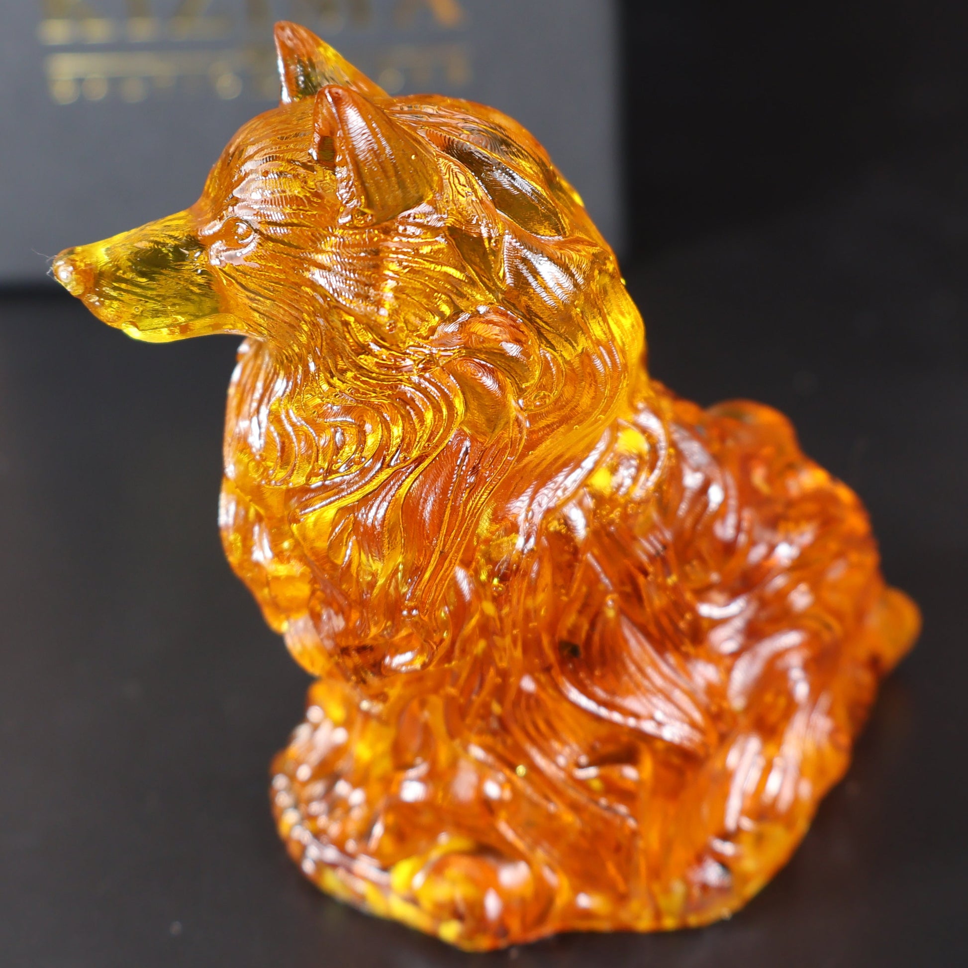 Baltic amber wolf figurine back view handmade luxury amber decor