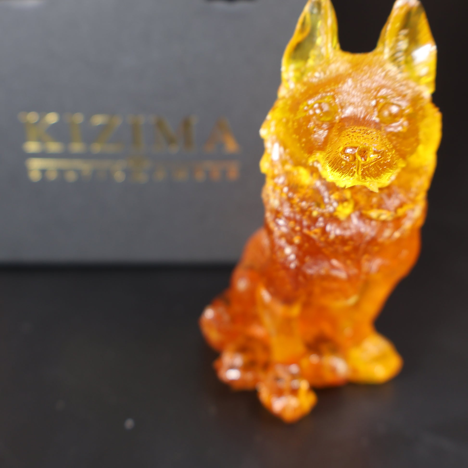 Genuine Baltic amber wolf sculpture handmade in Brooklyn New York