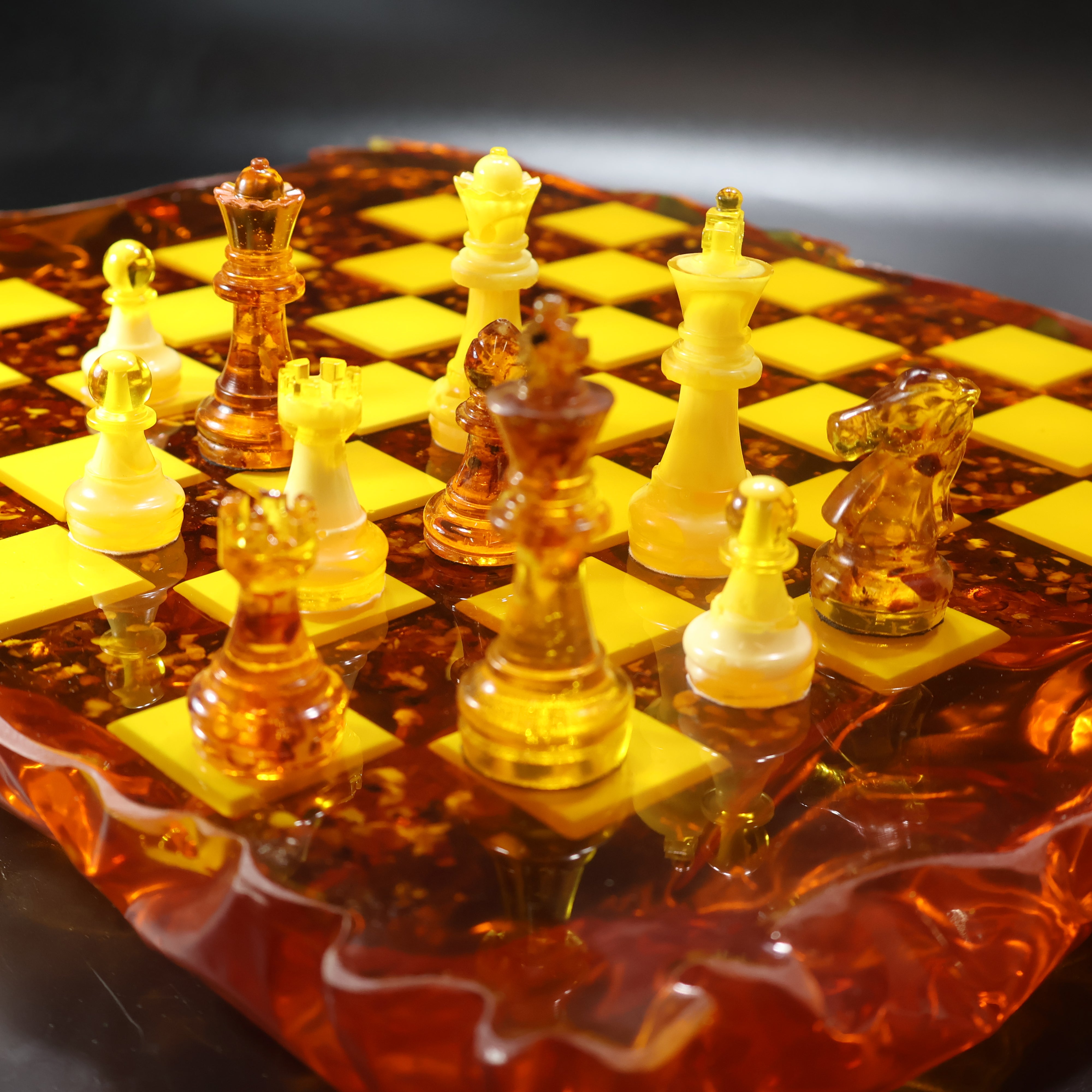 One of a kind natural Baltic amber chess set, sculptural carved board, made in USA