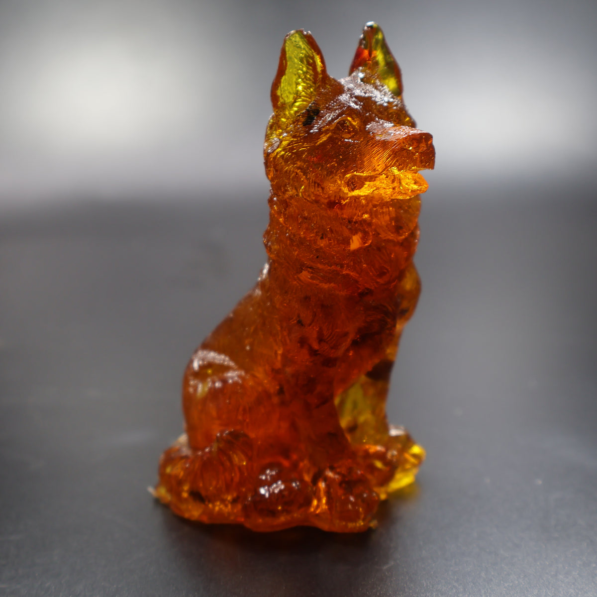 Amber German Shepherd dog sculpture with rich inclusions, veteran and police family gift