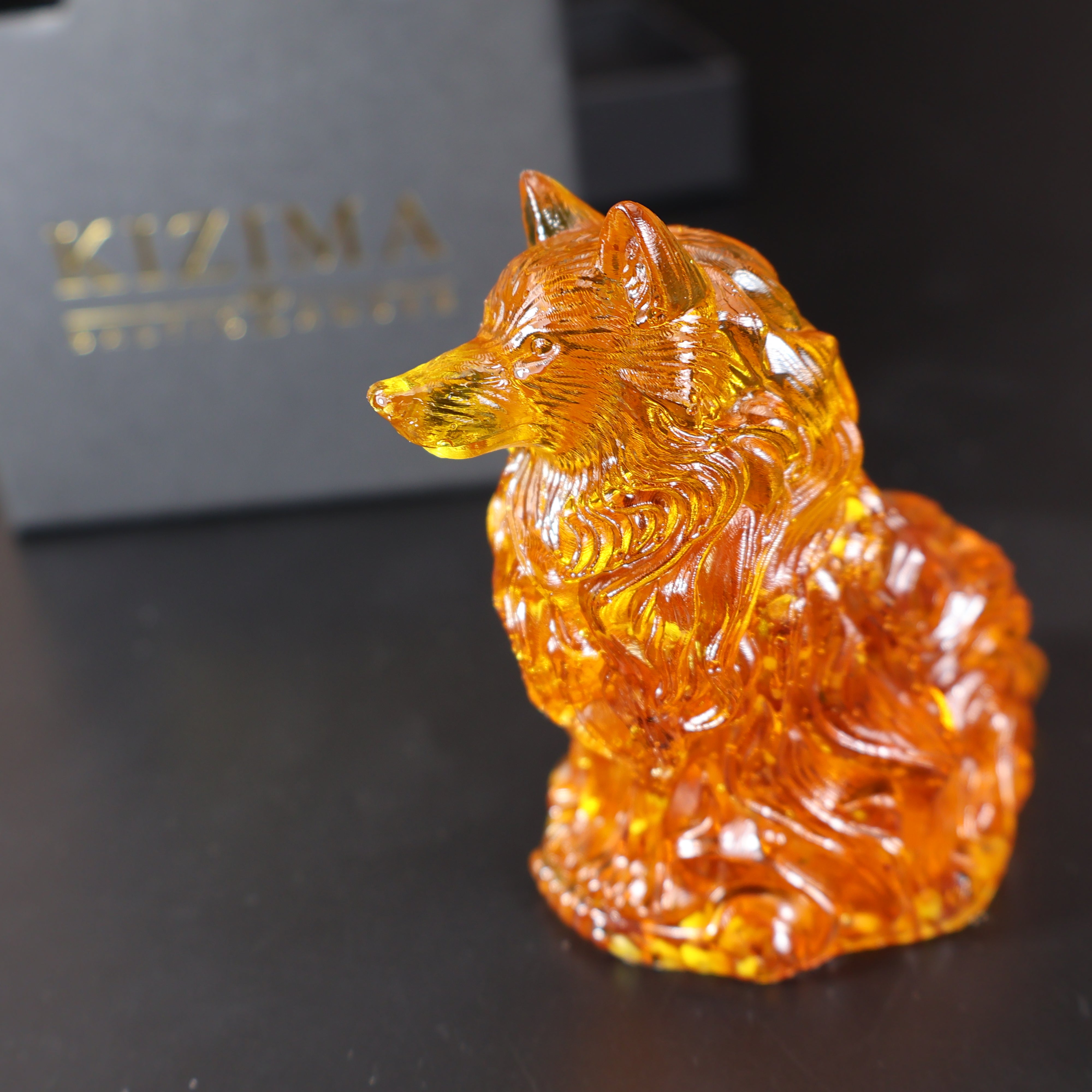Handcrafted natural Baltic amber wolf figurine collectible made in USA KIZIMA