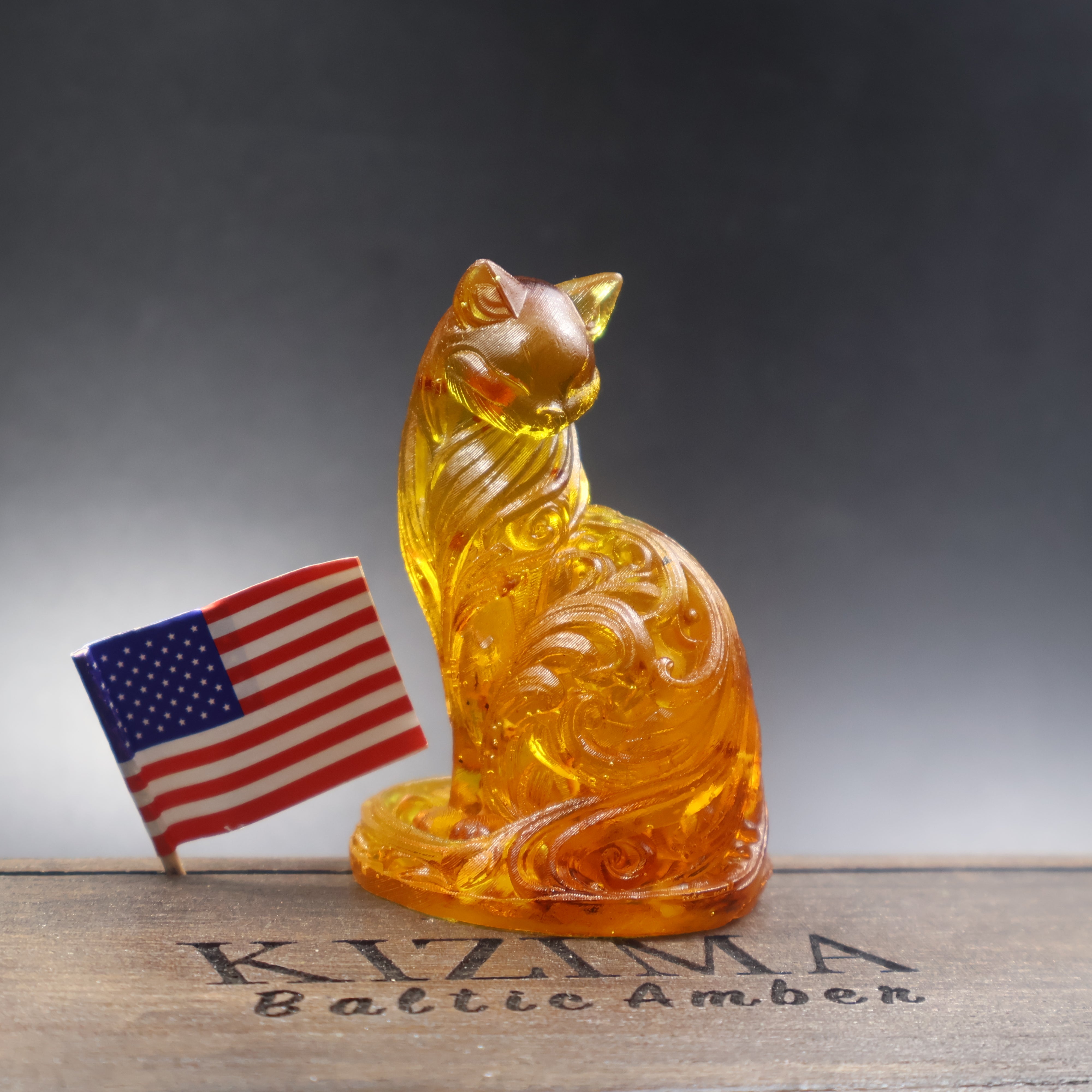 Handmade Baltic amber cat figurine with ornament, KIZIMA amber manufactory New York
