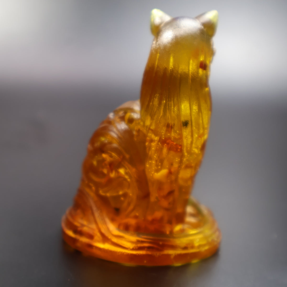 Golden amber cat collectible figurine with ornament detail, unique home decor Made in USA